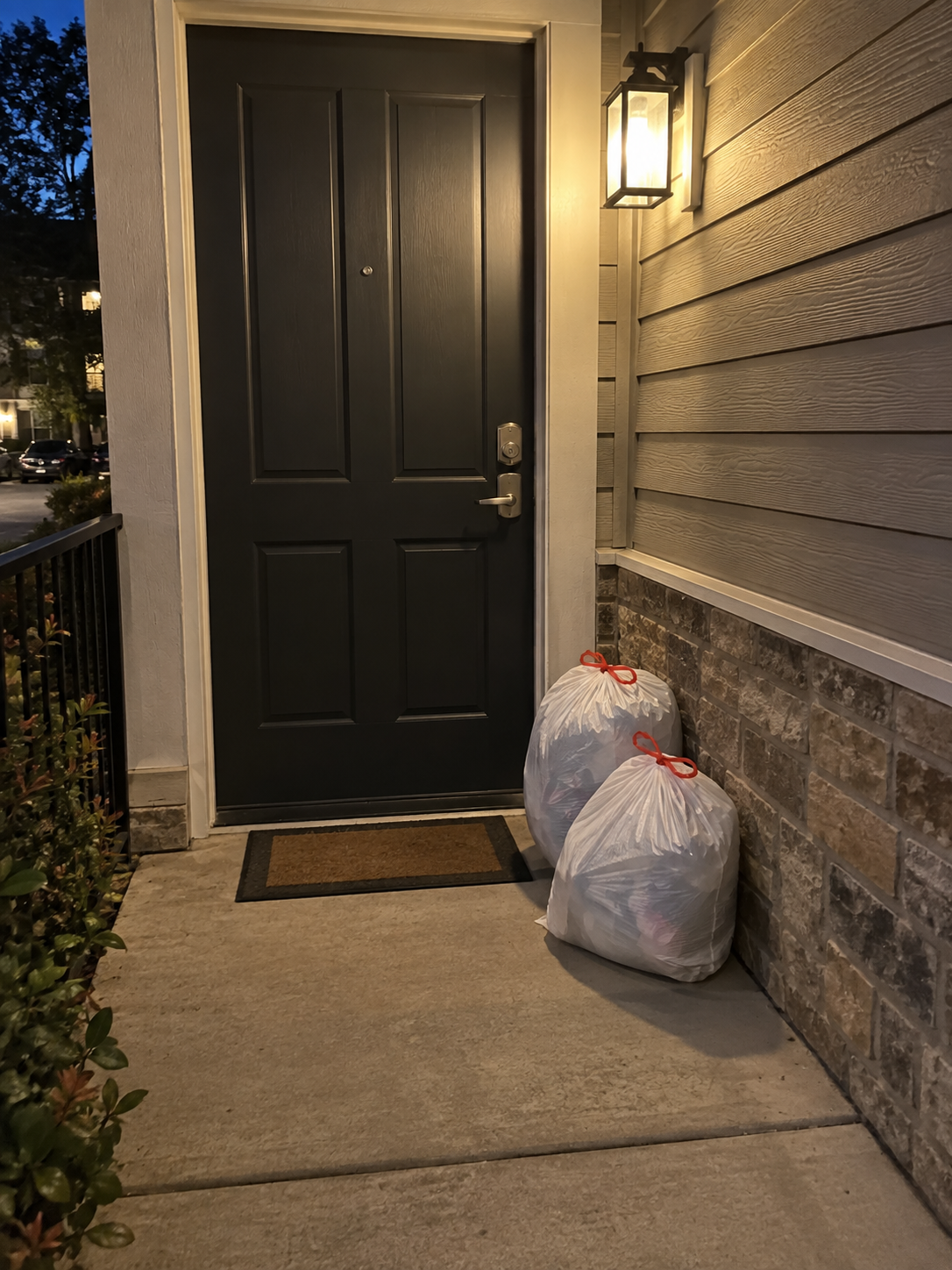 Two securely tied trash bags placed beside a lit apartment door at night