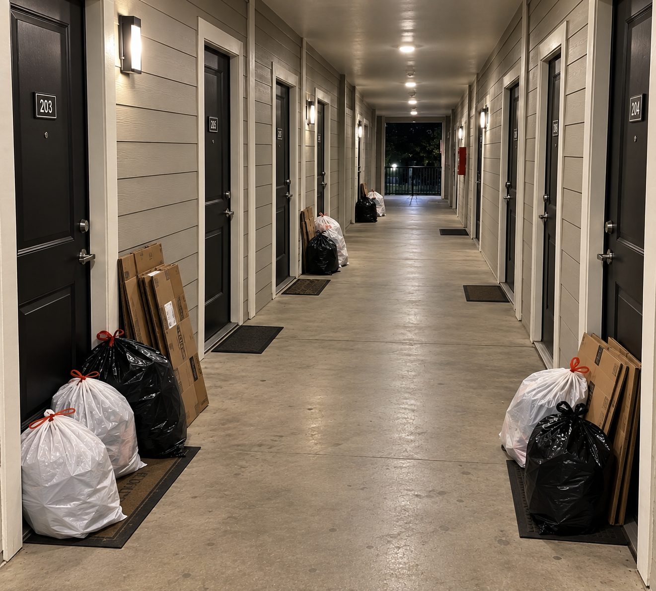 Bagged trash tied and neatly placed beside apartment doors in a nighttime breezeway, ready for collection