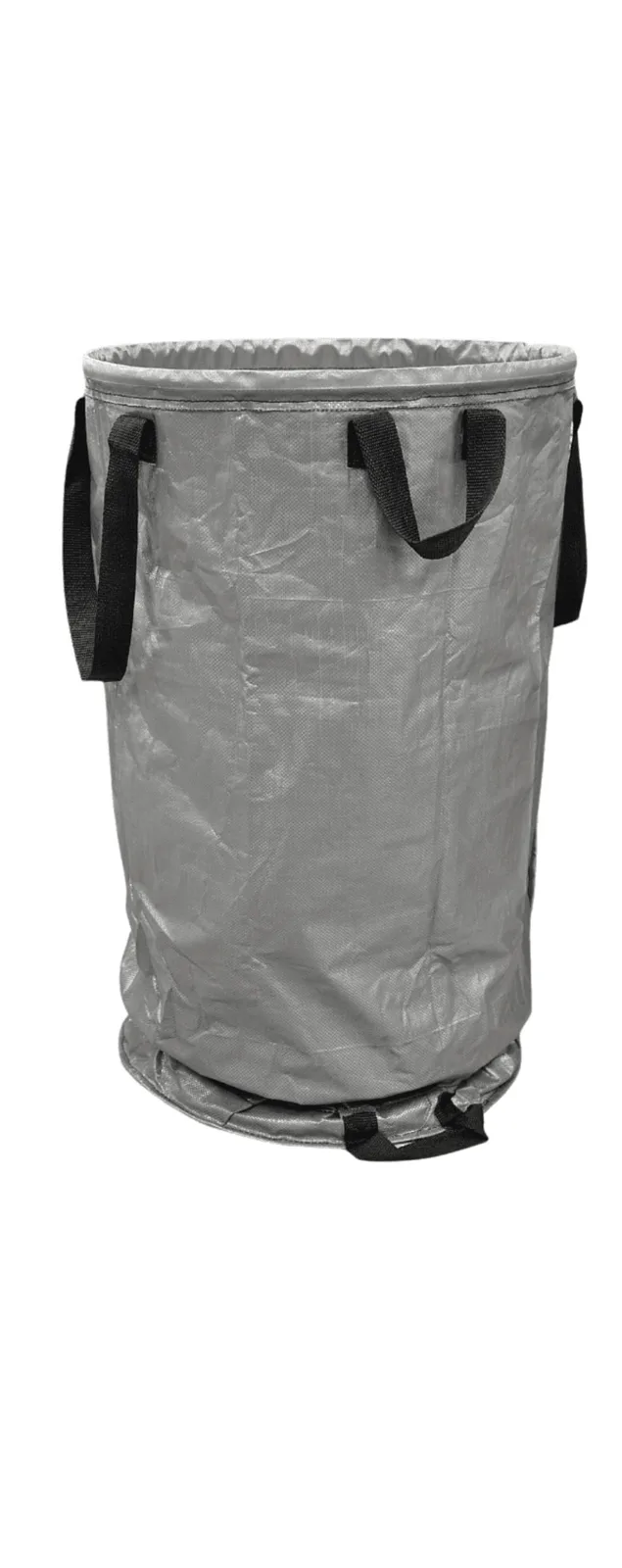 Gray collapsible portable trash container with black carry handles