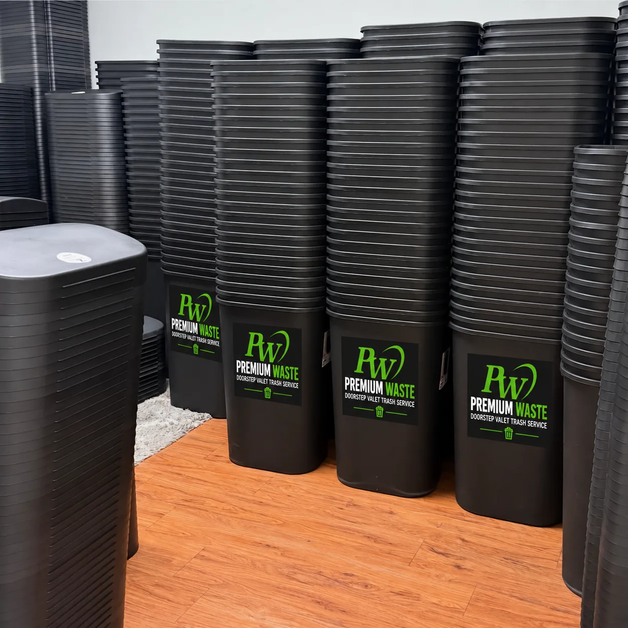Stacks of black Premium Waste-branded doorstep trash containers ready for deployment