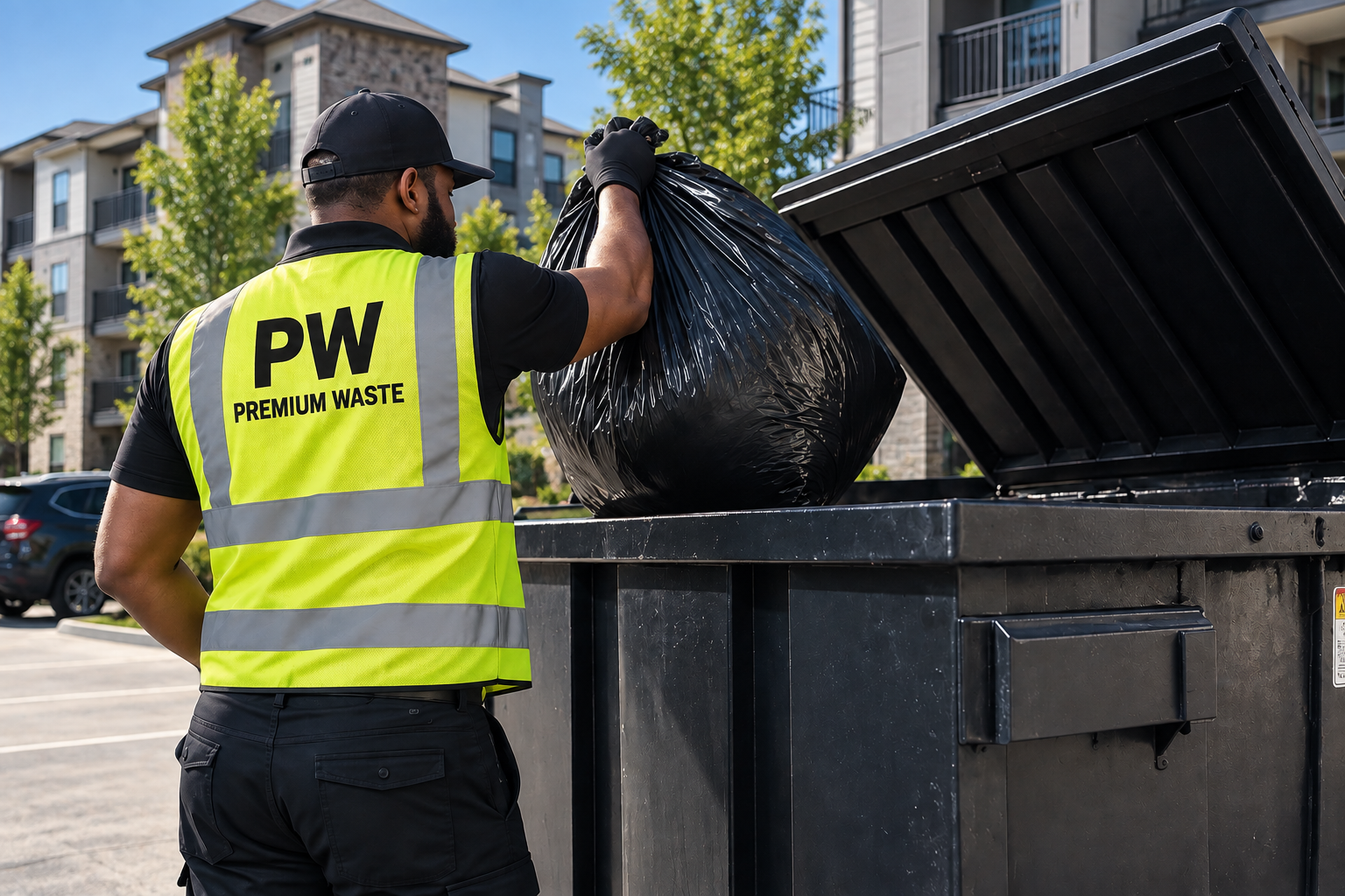 Premium Waste team member in a branded safety vest transferring bagged trash into a property dumpster