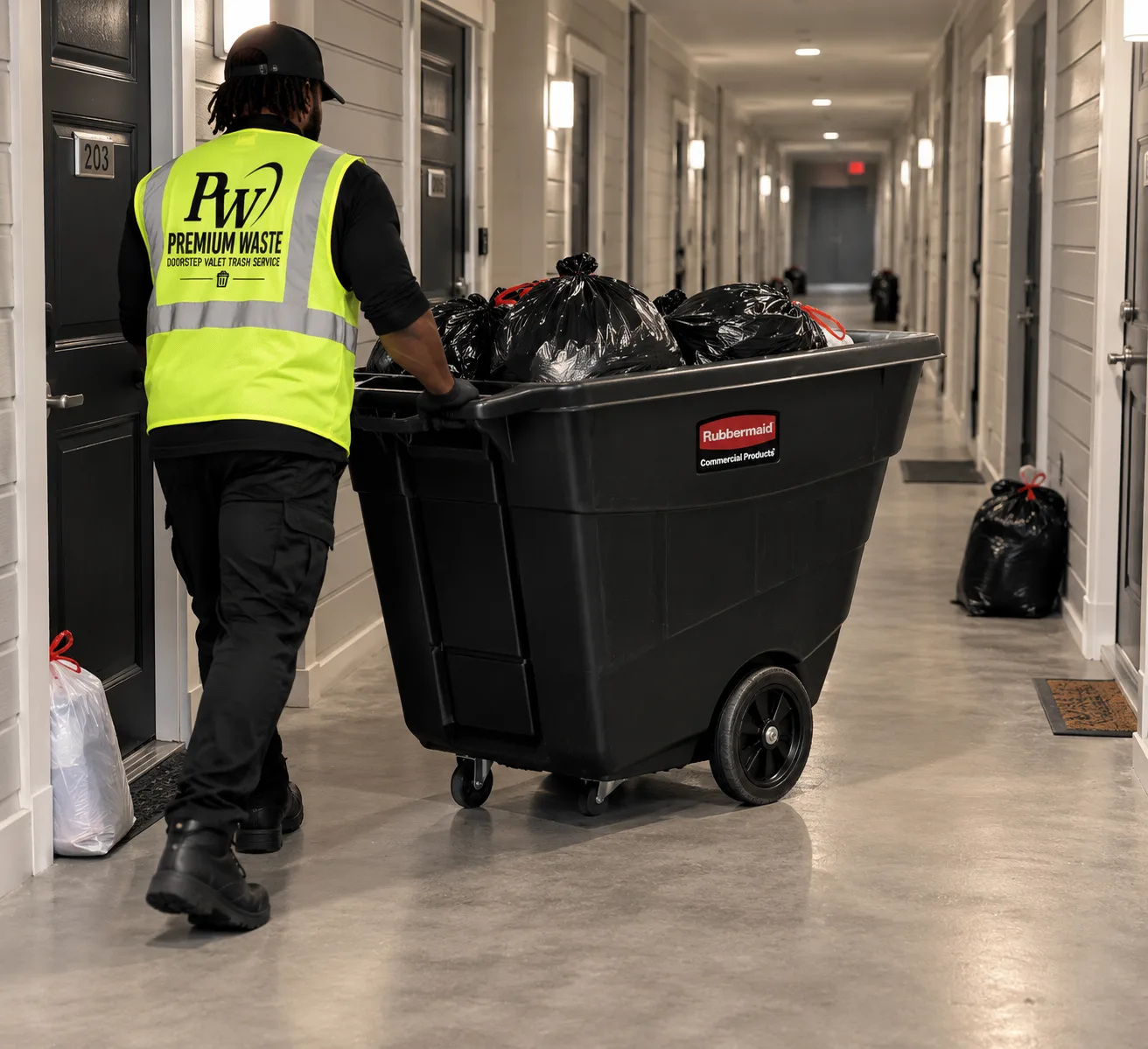 Premium Waste team member in a branded safety vest pushing a large collection cart down an apartment hallway